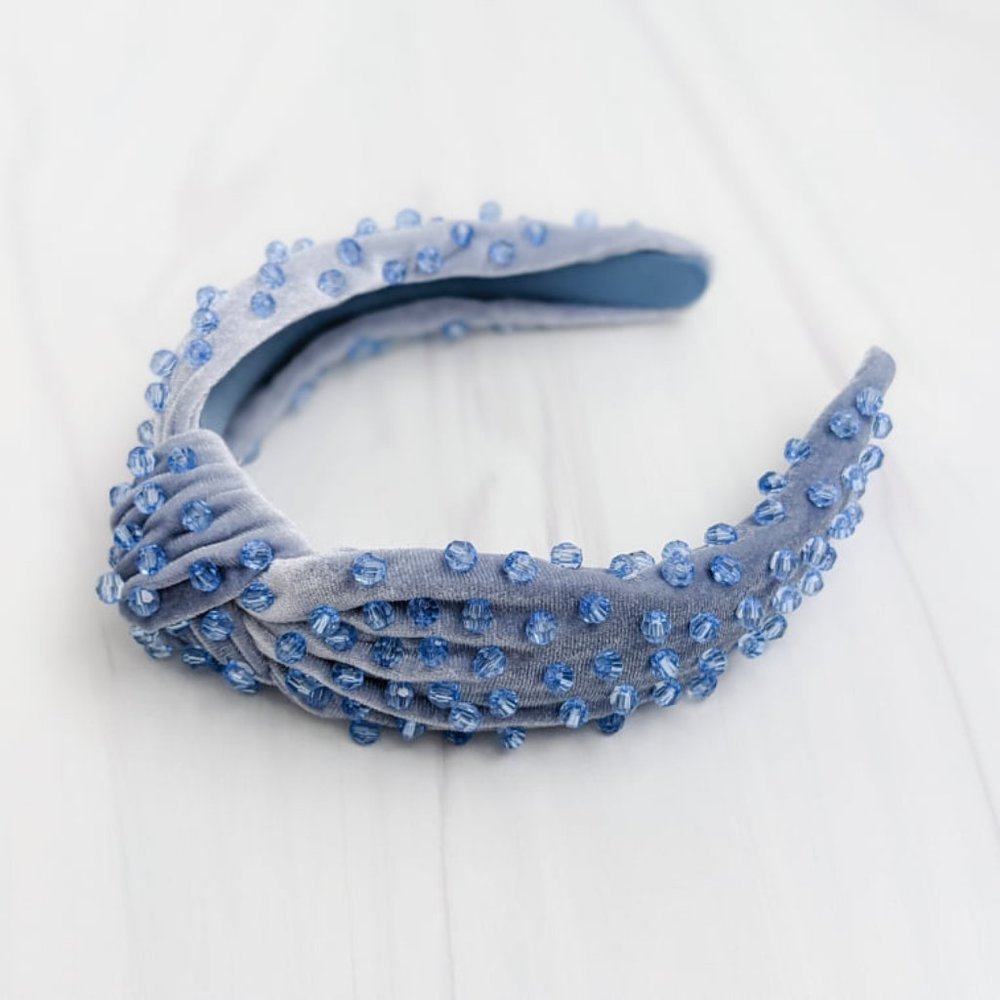 Cinderella Blue Beaded Knot Velvet Headband Blue Faceted Acrylic Beads Handmade